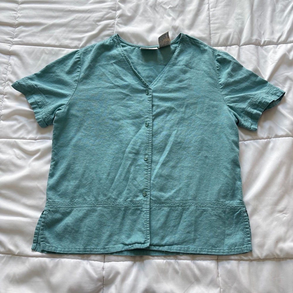 Vintage 80s Kathie Lee Teal Linen Blend Button Front Top Short Sleeve Large Y2K